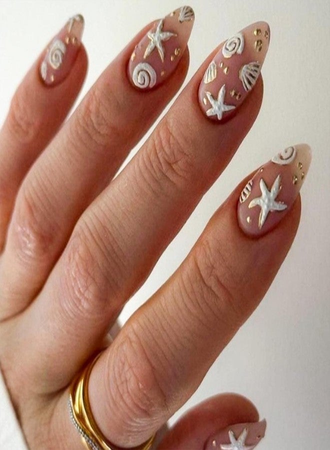 TOGZOM Summer Press on Nails Almond Beach Fake Nails 3D Ocean Acrylic Nails White Sea Shell Starfish Artificial Nails Medium Length False Nails Glue on Nails for Women Girls Manicure 24Pcs - Image 1